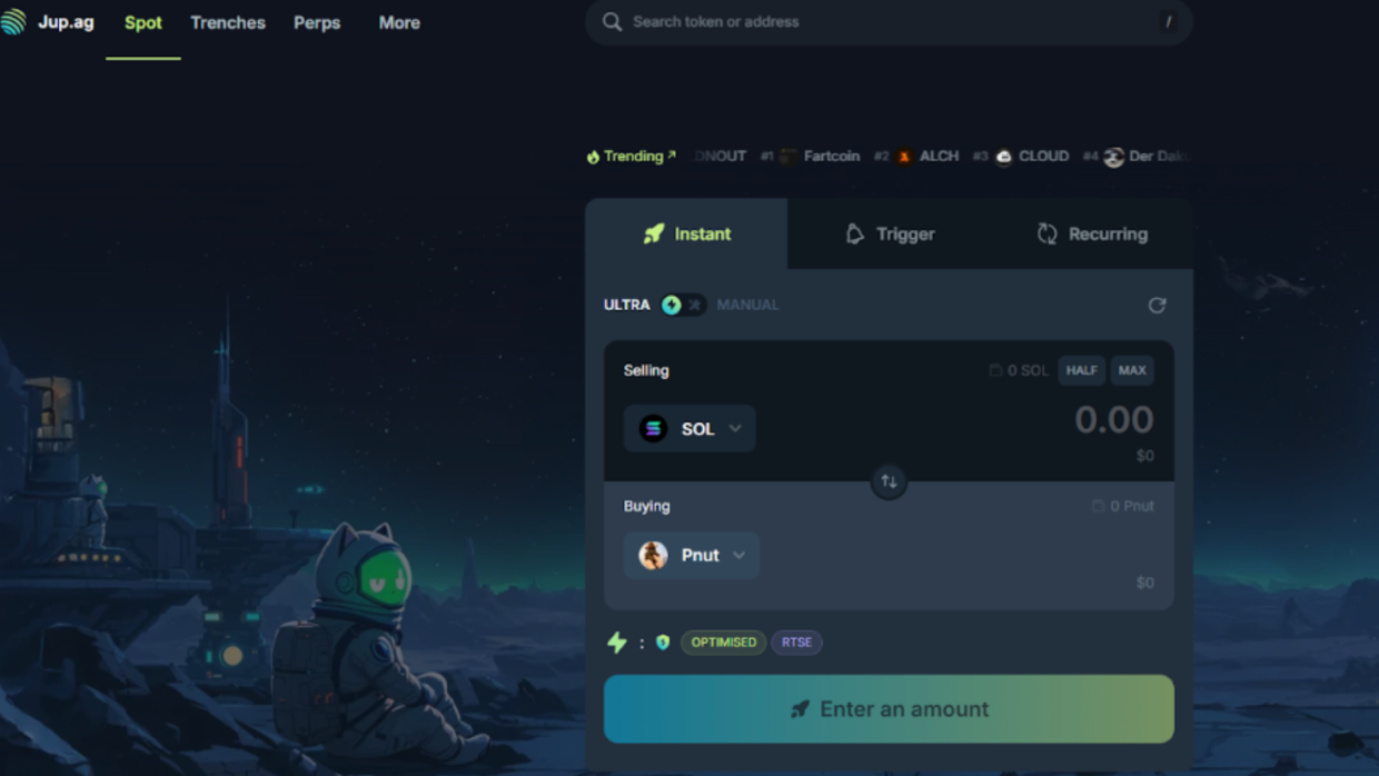 Swap USDT for PNUT on Jupiter: connect wallet, select tokens, and confirm the swap.