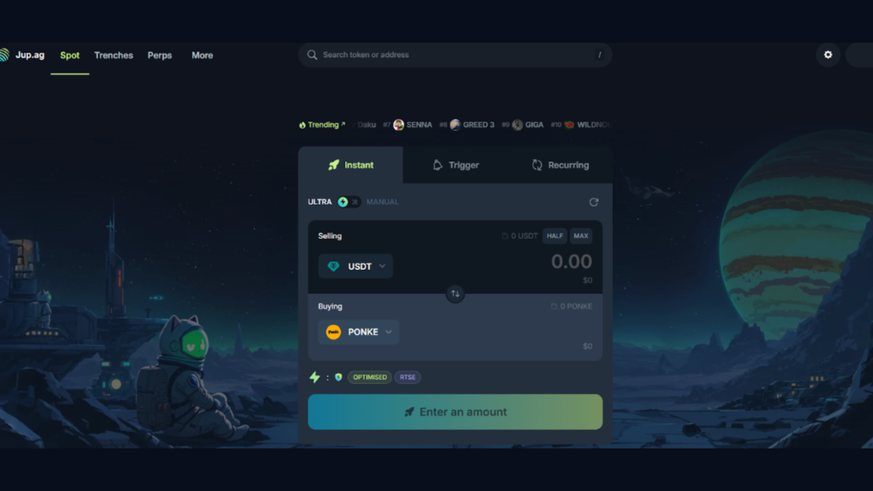 Exchange USDT/SOL for PONKE via Raydium and Jupiter: enter amount, confirm, check balance.