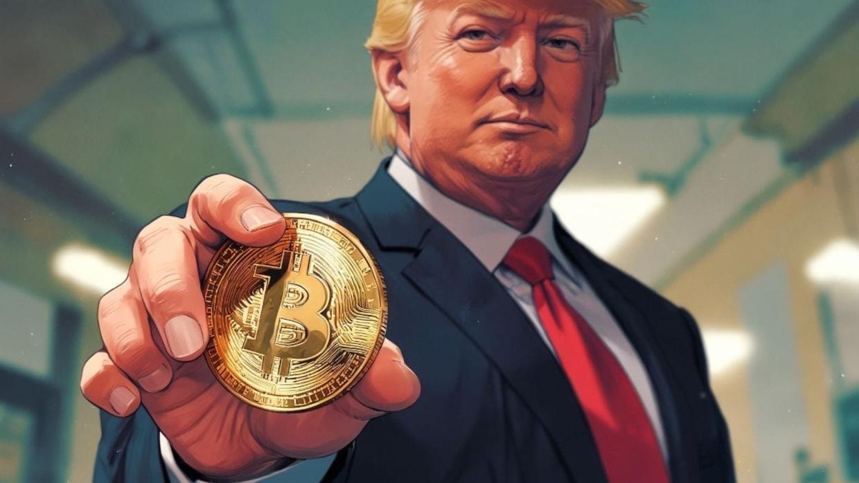 Illustrated man in suit holding a Bitcoin coin.